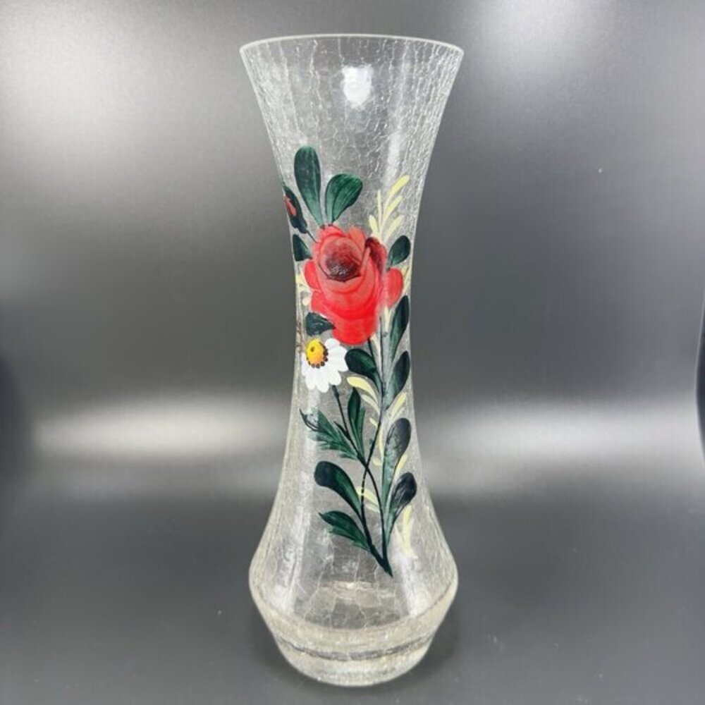 Vintage Tall Art Glass‎ Vase Clear Crackle Glass Vessel Vase With Floral Pattern